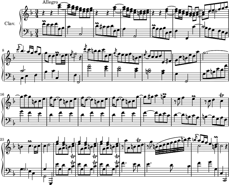 
\version "2.18.2"
\header {
  tagline = ##f
  % composer = "Domenico Scarlatti"
  % opus = "K. 524"
  % meter = "Allegro"
}
%% les petites notes
trillFq      = { \tag #'print { f8\prall } \tag #'midi { g32 f g f } }
trillDqUp    = { \tag #'print { d'8\prall } \tag #'midi { e32 d e d } }
trillBesqUp  = { \tag #'print { bes'8\prall } \tag #'midi { c32 bes c bes } }
trillEqp     = { \tag #'print { e8.\prall } \tag #'midi { f32 e f e~ e16 } }
trillG       = { \tag #'print { g4\prall } \tag #'midi { a32 g a g~ g8 } }
trillC       = { \tag #'print { c4\trill } \tag #'midi { d32 c d c~ c8 } }
trillCp      = { \tag #'print { c4.\prall } \tag #'midi { d32 c d c~ c4 } }
trillCq      = { \tag #'print { c8\trill } \tag #'midi { d32 c d c } }
trillD       = { \tag #'print { d4\prall } \tag #'midi { e32 d e d~ d8 } }
trillE       = { \tag #'print { e4\prall } \tag #'midi { f32 e f e~ e8 } }
upper = \relative c'' {
  \clef treble 
  \key f \major
  \time 3/4
  \tempo 4 = 112
      s8*0^\markup{Allegro}
      r4 r4 < a' c >4~ | q8 < g bes >16 < f a > < e g >8 < d f > q < e g > | r4 r4 < f a >4~ |
      q8 < e g >16 < d f > < c e >8 < b d > q < c e > |
      % ms. 5
      r4 r4 < d f >4~ | q8 < c e >16 < bes d > < a c >8 < g bes > 
      << { bes8 c~ | c d e f g a | \acciaccatura c8 bes4. a16 g a8 f } 
       \\ { g,8 a~ a d~ d2 } >>
      % ms. 9
      g8 d d4 \trillEqp d32 e | \acciaccatura e8 f2 r4 | \acciaccatura d'8 c8 b b c d, e | \acciaccatura g8 f8 e e f b, c |
      % ms. 13
      \acciaccatura e8 d8 c c d e, fis | g c b e d a' | g2.~ | g8 a g b, c e |
      % ms. 17
      \repeat unfold 2 { f16 d8.~ d8 b c e } | f16 d8.~ d8 b c g'~ | g8 gis a4 \trillG |
      % ms. 21
      r8 e8 f4 \trillE | r8 c8 d4 \trillC | b4  \trillCp b16 c | c4 d2 |
      % ms. 25
       \repeat unfold 3 { << { g4 < d f > e } \\ { e8 g, a b \trillC } >> } r8 a'8 a, b \trillCq d8 |
      % ms. 29
      r8 g8 b,32( c d e f g a b) c4 | << { \acciaccatura b8 \stemUp a8 g16 f e4 \trillD } \\ { c2 b4 } >> c2 r4 |
}
lower = \relative c' {
  \clef bass
  \key f \major
  \time 3/4
    % ************************************** \appoggiatura a16  \repeat unfold 2 {  } \times 2/3 { }   \omit TupletNumber 
      \trillFq e8 e f a, bes | c4 c,2 | \trillDqUp cis8 cis d f, g | a4 a,2 |
      % ms. 5
      \trillBesqUp a8 a bes d, e | f4 f, << { \stemDown c''4~ | \stemUp c2 s4 | c2. } \\ { s4 bes8 a g f e d | c4 e f } >> |
      % ms. 9
      bes4 c c, | f f,2 | < f'' a >2 < e g >4 | < d f >2 < c e >4 |
      % ms. 13
      < b d >2 < a c >4 | g g,2 | g'8 c b e d a' | g4 f e |
      % ms. 17
      \repeat unfold 3 { d4 f e } | f4~ f8 d e c |
      % ms. 21
      d4~ d8 b c a | b4~ b8 g a f | << { g2. | g4 } \\ { g4 e c | g2 } >> g,4 |
      % ms. 25
      \repeat unfold 3 { e'''8 g, d' g, \trillC } | f4. e8 d4 |
      % ms. 29
      e4. d8 c4 | f g g, c, c,2 |
}
thePianoStaff = \new PianoStaff <<
    \set PianoStaff.instrumentName = #"Clav."
    \new Staff = "upper" \upper
    \new Staff = "lower" \lower
  >>
\score {
  \keepWithTag #'print \thePianoStaff
  \layout {
      #(layout-set-staff-size 17)
    \context {
      \Score
     \override TupletBracket.bracket-visibility = ##f
     \override SpacingSpanner.common-shortest-duration = #(ly:make-moment 1/2)
      \remove "Metronome_mark_engraver"
    }
  }
}
\score {
  \keepWithTag #'midi \thePianoStaff
  \midi { \set Staff.midiInstrument = #"harpsichord" }
}
