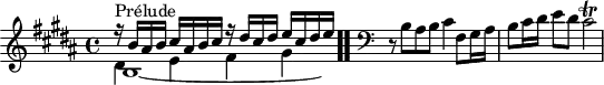 
\version "2.18.2"
\header {
  tagline = ##f
}
\score {
  \new Staff \with {
  }
<<
  \relative c'' {
    \key b \major
    \time 4/4
	\set Staff.midiInstrument = #"harpsichord" 
     %% INCIPIT CBT I-5, BWV 850, ré majeur
     << { r16^\markup{Prélude} b ais b cis ais b cis r16 dis cis dis e cis dis e } \\ { b,1*15/16~ \hideNotes b16 } \\ { \stemDown dis4 e fis gis } >> \bar ".."
     \skip 4*1
     \override Staff.Clef.extra-offset = #'( -1 . 0 )
      \clef bass 
      \partial 1
     r8 b,8 ais b cis4 fis,8 gis16 ais b8 cis16 dis e8 dis cis2\trill
  }
>>
  \layout {
     #(layout-set-staff-size 17)
     \context { \Score \remove "Metronome_mark_engraver" 
     \override SpacingSpanner.common-shortest-duration = #(ly:make-moment 1/2) 
}
  }
  \midi {}
}
