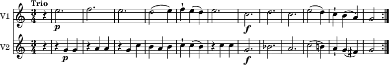 
<<
\new Staff \with { instrumentName = #"V1 "} \relative c'' {
    \version "2.18.2"
    \key c \major 
    \tempo "Trio"
    \time 3/4
    \partial 4 r4
    e2.\p f e d2 (e4) f-! e (d) e2. c \f d c e2 (d4) c-! b (a) g2 \bar ":|."
}
\new Staff \with { instrumentName = #"V2 "} \relative c'' {
    \key c \major 
    \time 3/4
     \partial 4 r4 r4 g \p g r4 a a r4 g c b a b c-! c (b) r4 c c
     g2. \f bes a c2 (b!4) a4-! g (fis) g2 \bar ":|."
}
>>
