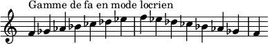  {
\override Score.TimeSignature #'stencil = ##f
\relative c' {
  \clef treble \time 7/4
  f4^\markup { Gamme de fa en mode locrien } ges aes bes ces des es f es des ces bes aes ges f
} }
