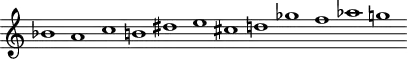 
\version "2.18.2"
\header {
  tagline = ##f
}
\score {
  \new Staff \with {
   \remove "Time_signature_engraver"
  }
<<
  \relative c'' {
    \key c \major
    \time 32/1
    \tempo 1 = 80
    \override TupletBracket #'bracket-visibility = ##f 
     %%%% Webern, série
     bes1 a c b  dis e cis d! ges f aes g!
  }
>>
  \layout {
     \context { \Score \remove "Metronome_mark_engraver" 
      \override SpacingSpanner.common-shortest-duration = #(ly:make-moment 1/2)
}
  }
  \midi {}
}
