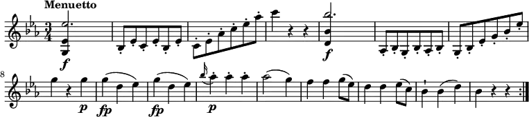 
\version "2.14.2"
 \relative c' {
         \clef "treble" 
         \tempo "Menuetto"
         \key ees \major
         \time 3/4 
         \tempo 4 = 170
     <<{<g ees'>4\f s2 } \\ { \stemUp ees''2.}>>
     bes,8-. ees-. c-. ees-. bes-. ees-.
    \stemDown  c-. ees-. aes-. c-. ees-. aes-.
     c4 r4 r4
     <<{<d,, bes'>4\f s2 } \\ { \stemUp bes''2.}>>
      \stemUp aes,,8-. bes-. g-. bes-. aes-. bes-.
    g-. bes-. ees-. g-. bes-. ees-.
    \stemDown g4 r4 g\p
     g\fp (d es)
     g\fp (d es)
    \grace bes'16 (aes4)-.\p aes-. aes-.
     aes2 (g4)
     f f g8 (ees)
     d4 d ees8 (c)
     bes4-! bes (d)
     bes r4 r4   \bar ":|."
 }
