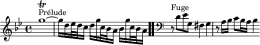 
\version "2.18.2"
\header {
  tagline = ##f
}
\score {
  \new Staff \with {
%fontSize = #-2
  }
<<
  \relative c'' {
    \key g \minor
    \time 4/4
	\set Staff.midiInstrument = #"harpsichord" 
     %% INCIPIT CBT I-16, BWV 861, sol mineur
     s4*0^\markup{Prélude} g'1~\trill g16 d ees32 d c16 d g c,32 bes a16 bes16 g' c,32 bes a16 
 \bar ".."
      \skip 8*1
      %\once \override Staff.Clef.full-size-change = ##t
     \override Staff.Clef.extra-offset = #'( -1 . 0 )
      \clef bass
      \partial 1
      \relative c
      r8^\markup{Fuge} d,8 ees g, fis4 g r8 a16 bes c8 bes16 a bes4
  }
>>
  \layout {
     \context { \Score \remove "Metronome_mark_engraver" 
     \override SpacingSpanner.common-shortest-duration = #(ly:make-moment 1/2) 
   }
  }
  \midi {}
}
