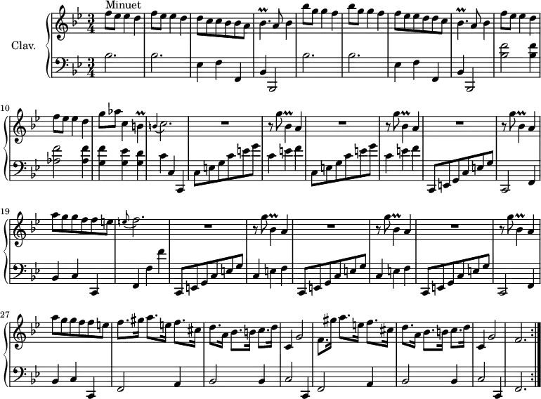 
\version "2.18.2"
\header {
  tagline = ##f
  % composer = "Domenico Scarlatti"
  % opus = "K. 393"
  % meter = "Allegro"
}
%% les petites notes
trillBesp       = { \tag #'print { bes4.\prall } \tag #'midi { c32 bes c bes~ bes4 } }
trillBp         = { \tag #'print { b4\prall } \tag #'midi { c32 b c b~ b8 } }
trillBesDown    = { \tag #'print { bes,4\prall } \tag #'midi { c32 bes c bes~ bes8 } }
appoBCb         = { \tag #'print { \appoggiatura b4 c2. } \tag #'midi { b2 c4 } }
appoEFb         = { \tag #'print { \appoggiatura e8 f2. } \tag #'midi { e2 f4 } }
upper = \relative c'' {
  \clef treble 
  \key bes \major
  \time 3/4
  \tempo 4 = 120
  \set Staff.midiInstrument = #"harpsichord"
  \override TupletBracket.bracket-visibility = ##f
  \repeat volta 2 {
      s8*0^\markup{Minuet}
      \repeat unfold 2 { f8 ees ees4 d } | d8 c c bes bes a | \trillBesp a8 bes4 | \repeat unfold 2 { bes'8 g g4 f } |
      % ms. 7
      f8 ees ees d d c | \trillBesp a8 bes4 | \repeat unfold 2 { f'8 ees ees4 d } | g8 aes c,4 \trillBp |
      % ms. 12
      \appoBCb | \repeat unfold 3 { R2. | r8 g'8 \trillBesDown a4 } |
      % ms. 19
      a'8 g g f f e | \appoEFb | \repeat unfold 3 { R2. | r8 g8 \trillBesDown a4 } |
      % ms. 27
      a'8 g g f f e | f8. gis16 a8. e16 f8. cis16 |
      % ms. 29
      d8. a16 bes8. b16 c8. d16 | c,4 g'2  | f8. gis'16 a8. e16 f8. cis16 | d8. a16 bes8. b16 c8. d16 | c,4 g'2 | f2. }%repet
      % ms. 35
}
lower = \relative c' {
  \clef bass
  \key bes \major
  \time 3/4
  \set Staff.midiInstrument = #"harpsichord"
  \override TupletBracket.bracket-visibility = ##f
  \repeat volta 2 {
    % ************************************** \appoggiatura a16  \repeat unfold 2 {  } \times 2/3 { }   \omit TupletNumber 
      \repeat unfold 2 { bes2. | bes | ees,4 f f, | bes bes,2 } | 
      % ms. 9
      < bes'' f' >2 q4 | < aes f' >2 q4 | < g f' > < g ees' > < g d' > |
      % ms. 12
      c4 c, c, | \repeat unfold 2 { c'8 e g c e g | c,4 e f } | c,,8 e g c e g |
      % ms. 18
      c,,2 f4 | bes c c, | f f' f' | \repeat unfold 2 { c,,8 e g c e g | c,4 e f } |
      % ms. 25
      c,8 e g c e g | c,,2 f4 | bes c c, | f2 a4 |
      % ms. 29
      bes2 bes4 | c2 c,4 | f2 a4 | bes2 bes4 | c2 c,4 | f2. }%répet
      % ms. 35
}
thePianoStaff = \new PianoStaff <<
    \set PianoStaff.instrumentName = #"Clav."
    \new Staff = "upper" \upper
    \new Staff = "lower" \lower
  >>
\score {
  \keepWithTag #'print \thePianoStaff
  \layout {
      #(layout-set-staff-size 17)
    \context {
      \Score
     \override SpacingSpanner.common-shortest-duration = #(ly:make-moment 1/2)
      \remove "Metronome_mark_engraver"
    }
  }
}
\score {
  \keepWithTag #'midi \thePianoStaff
  \midi { }
}
