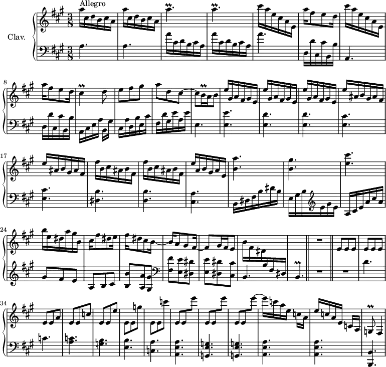 
\version "2.18.2"
\header {
  tagline = ##f
  % composer = "Domenico Scarlatti"
  % opus = "K. 369"
  % meter = "Allegro"
}
%% les petites notes
trillCis     = { \tag #'print { cis4\prall } \tag #'midi { d32 cis d cis~ cis8 } }
trillBqq     = { \tag #'print { b16\prall } \tag #'midi { \times 2/3 { b32 cis b} } }
trillApUp    = { \tag #'print { a'4.\prall } \tag #'midi { bes32 a bes a~ a4 } }
trillGq      = { \tag #'print { g8\prall } \tag #'midi { a32 g a g } }
trillBp      = { \tag #'print { b4.\prall } \tag #'midi { cis32 b cis b~ b4 } }
upper = \relative c'' {
  \clef treble 
  \key a \major
  \time 3/8
  \tempo 4 = 102
  \set Staff.midiInstrument = #"harpsichord"
  \override TupletBracket.bracket-visibility = ##f
      s8*0^\markup{Allegro}
      \repeat unfold 2 { a'16 cis, d b cis a } | \repeat unfold 2 { \trillApUp } | \repeat unfold 2 { cis16 a e cis a e | a'16 fis8 e d16 } |
      % ms. 9
      \trillCis  d8 | e fis gis | a d, cis~ | cis \trillBqq a16 b8 |
      % ms. 13
      \repeat unfold 3 { e16 gis, a fis gis e } | \repeat unfold 2 { e' ais, b gis ais fis } | \repeat unfold 2 { fis' b, cis ais b fis }
      % ms. 20
      e'16 a, b gis a e | < b' a' >4. < b gis' > < e cis' > | b'16 e, dis a' gis b, |
      % ms. 25
      cis16 fis8 dis e16 | fis16 dis8 cis b16~ | b16 a8 gis fis16~ | fis8 gis16 fis e8 | b'16 fis dis \stemUp  \change Staff = "lower" b fis dis \stemNeutral   \change Staff = "upper" |  s4. \bar "||" R4.  \bar "||"	
      % ms. 32
      e'8 e e | e e e | e e a | e e c' | e, e e' | e, e g' | e, e c'' |
      % ms. 39
      \repeat unfold 3 { e,,8 e e''~ } | e16 c a e c[ a] | e' c a e c[ a] | \trillGq fis4 |
}
lower = \relative c' {
  \clef bass
  \key a \major
  \time 3/8
  \set Staff.midiInstrument = #"harpsichord"
  \override TupletBracket.bracket-visibility = ##f
    % ************************************** \appoggiatura a16  \repeat unfold 2 {  } \times 2/3 { }   \omit TupletNumber 
      a4. | a | \repeat unfold 2 { a'16 cis, d b cis a } | a'4. | d,,16 d' cis, cis' b, b' |
      % ms. 7
      a,4. | d16 d' cis, cis' b, b' | a, cis e a b,[ gis'] | cis, a' d, b' e, cis' | fis, d' gis, e' a, e' | e,4. |
      % ms. 13
      < e e' >4. < e d' > q < e cis' > q < dis b' >
      % ms. 19
      < d b' >4.  < cis a' > | b16 dis fis b dis b | e, gis b   \clef treble  e gis e | a, cis e a cis a | gis8 fis e |
      % ms. 25
      a,8 b cis | < b b' > < a a' > < gis gis' >   \clef bass < fis fis' > < e e' > < dis dis' > | < e e' > < dis dis' > < cis cis' > | b4. \trillBp | R4. |
      % ms. 32
      R4. | d'4. c < a c > < g b > < e b' > < c a' > |
      % ms. 39
      < a e' a >4.  < g e' g > q < a e' a > q | < b, b' >
}
thePianoStaff = \new PianoStaff <<
    \set PianoStaff.instrumentName = #"Clav."
    \new Staff = "upper" \upper
    \new Staff = "lower" \lower
  >>
\score {
  \keepWithTag #'print \thePianoStaff
  \layout {
      #(layout-set-staff-size 17)
    \context {
      \Score
     \override SpacingSpanner.common-shortest-duration = #(ly:make-moment 1/2)
      \remove "Metronome_mark_engraver"
    }
  }
}
\score {
  \keepWithTag #'midi \thePianoStaff
  \midi { }
}
