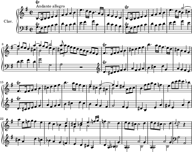 
\version "2.18.2"
\header {
  tagline = ##f
  % composer = "Domenico Scarlatti"
  % opus = "K. 283"
  % meter = "Andante allegro"
}
%% les petites notes
trillBqpDown   = { \tag #'print { b,8.\trill } \tag #'midi { c32 b c b~ b16 } }
trillBqp       = { \tag #'print { b8.\trill } \tag #'midi { c32 b c b~ b16 } }
trillGqp       = { \tag #'print { g8.\trill } \tag #'midi { a32 g a g~ g16 } }
trillDqp       = { \tag #'print { d8.\trill } \tag #'midi { e32 d e d~ d16 } }
trillFisqp     = { \tag #'print { fis8.\trill } \tag #'midi { g32 fis g fis~ fis16 } }
appoDEb        = { \tag #'print { \appoggiatura d4 e2 } \tag #'midi { d4 e4 } }
upper = \relative c'' {
  \clef treble 
  \key g \major
  \time 2/2
  \tempo 2 = 72
  \set Staff.midiInstrument = #"harpsichord"
  \override TupletBracket.bracket-visibility = ##f
      s8*0^\markup{Andante allegro}
      \trillBqpDown a16 b8 c d4 e | fis g a b | e4. d16 c b4. a16 g | fis4 e d c |
      % ms. 5
      \trillBqp a16 b8 c d4 e | fis g a b | e4. d16 c << { g'2~ | g4 fis8 e d4 a'4~ | a g8 fis b2 | a8 } \\ { b,4 cis | d2 s4 cis4 b2 e4 d | \times 2/3 { cis8[ a' g] } } >> \omit TupletNumber 
      % ms. 10 suite
      \times 2/3 { fis8 e d } \times 2/3 { cis8[ b a] } \times 2/3 { g8 fis e } | \trillFisqp e16 fis8 g | a4 b cis d e fis |
      % ms. 13
      b4. a16 g fis4. e16 d | cis4 b a g | \trillFisqp e16 fis8 g | a4 b cis d e fis |
      % ms. 16
      b4. a16 g fis4 e | << { fis2 fis~ | fis4 e dis } \\ { d4 cis b ais | b2 } >> | \times 2/3 { a8 b c } | b4 \times 2/3 { fis'8 g a } g4 f |
      % ms. 21
      e4 \times 2/3 { b'8 c d } c4 bes | a \times 2/3 { e8 f g } f4 e | d c bes << { d4 | cis d e4. f16 g } \\ { a,4 | g bes a2 } >> | f'4 e2 d4 |
      % ms. 26
      \repeat unfold 2 { \times 2/3 { e8 d cis } cis2 d4 } | \appoDEb r4 s4 |
}
lower = \relative c' {
  \clef bass
  \key g \major
  \time 2/2
  \set Staff.midiInstrument = #"harpsichord"
  \override TupletBracket.bracket-visibility = ##f
    % ************************************** \appoggiatura a16  \repeat unfold 2 {  } \times 2/3 { }   \omit TupletNumber 
      \trillGqp fis16 g8 a b4 c | d b c d | e fis g c, | d c b a |
      % ms. 5
      \trillGqp fis16 g8 a b4 c | d b c d | e fis g e | d e fis d |
      % ms. 9
      g2 g, | a r2 |   \clef treble  \trillDqp cis16 d8 e fis4 g | a fis g a |
      % ms. 13
      b4 cis d g, | a g fis e |  \trillDqp cis16 d8 e fis4 g | a fis g a |
      % ms. 16
      b4 cis d cis | b a g fis | g2 fis4 e | dis b e a |
      % ms. 21
      gis4 e a d | cis a d c | bes a g f | e d cis a | d a << { bes4 g' } \\ { bes,2  } >>
      % ms. 26
      \repeat unfold 2 { << { a4 a'2 g4 } \\ { a,2 b } >> }   \clef bass a2 a, |
}
thePianoStaff = \new PianoStaff <<
    \set PianoStaff.instrumentName = #"Clav."
    \new Staff = "upper" \upper
    \new Staff = "lower" \lower
  >>
\score {
  \keepWithTag #'print \thePianoStaff
  \layout {
      #(layout-set-staff-size 17)
    \context {
      \Score
     \override SpacingSpanner.common-shortest-duration = #(ly:make-moment 1/2)
      \remove "Metronome_mark_engraver"
    }
  }
}
\score {
  \keepWithTag #'midi \thePianoStaff
  \midi { }
}
