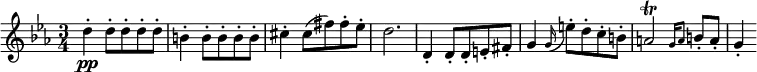 
\relative c'' {
\time 3/4
\key ees \major
d4-.\pp d8-.[ d-. d-. d-.] | b4-. b8-.[ b-. b-. b-.] | cis4-. cis8 [( fis) fis-. ees-.] | d2.
d,4-. d8-.[ d-. e-. fis-.] | g4 \appoggiatura g16 e'8-.[ d-. c-. b-.] | a2\trill \grace { g16[ a8] } b-.[ a-.] | g4-.
}
