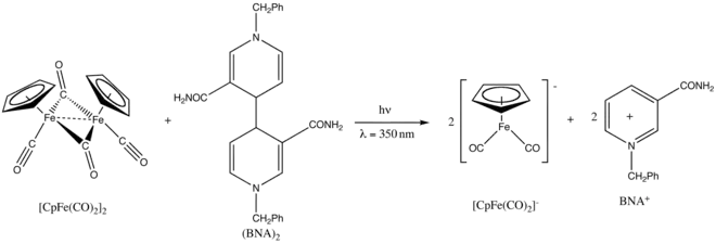 Réduction du dimère de (cyclopentadiényl)fer dicarbonyle par le dimère de 1-benzyl-1,4-dihydronicotinamide.