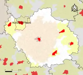 Localisation de l'aire d'attraction de Romilly-sur-Seine dans le département de l'Aube.