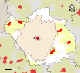 Localisation de l'aire d'attraction de Troyes dans le département de l'Aube.