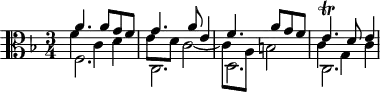 
\version "2.18.2"
\header {
  tagline = ##f
  % composer = "Johann Pachelbel"
  % opus = "Chaconne en fa majeur, P. 42"
  % meter = ""
}
\score {
<<
  \relative c'' {
    \clef alto
    \key f \major
    \time 3/4
    \override TupletBracket #'bracket-visibility = ##f 
     %s8*0^\markup{Aria}
     << { a4. a8 g f | g4. a8 e4 | f4. a8 g f e4.\trill d8 e4 } 
     \\ { f,2. c d c } 
     \\ { \stemDown f'4 c d | e8 d c2_~ | c8 a b2 | c4 g c }
>>
  }
>>
  \layout {
     #(layout-set-staff-size 17)
     \context { \Score \remove "Metronome_mark_engraver" 
     \override SpacingSpanner.common-shortest-duration = #(ly:make-moment 1/2)
     }
  }
}
