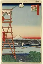 Estampe ukiyo-e de Utagawa Hiroshige montrant la tour d'Ekōin où résonnent les roulements de tambour qui annoncent le début d'un tournoi de sumo, extrait des Cent vues d'Edo.