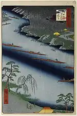 Kawaguchi no watashi Zenkōji dans les Cent vues d'Edo : Trains de bois à Kita-ku, peinture 20.
