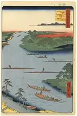 Nakagawaguchi dans les Cent vues d'Edo : barques et radeaux à la confluence du Kyūnaka et du Onagi.