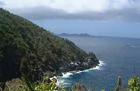 Vue partielle de la côte de la Petite Tobago avec au loin l'île St. Giles