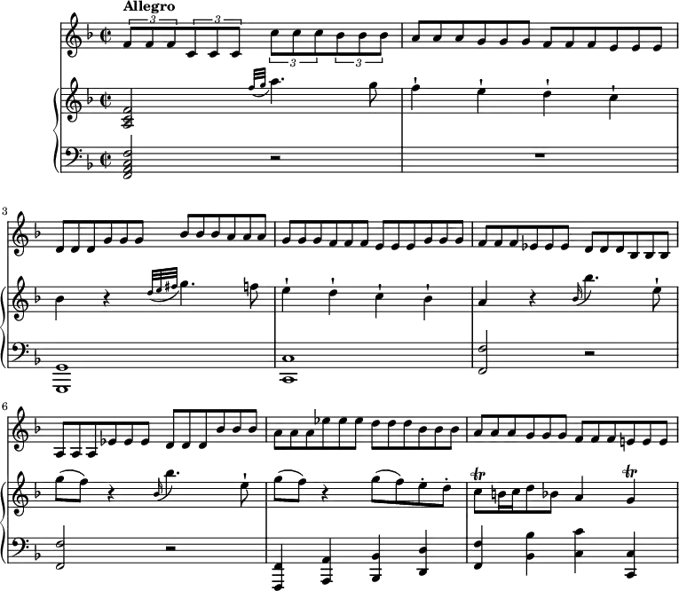 
\version "2.18.2"
\header {
  tagline = ##f
}
upper = \relative c'' {
              \key f \major
              \time 2/2
              \tempo  "Allegro"
              \tempo 4 = 120
         <a, c f>2  \grace {f''32 (g} a4.) g8
         f4-! e-! d-! c-!
         bes r \grace {d32 (e fis} g4.) f8
         e4-! d-! c-! bes-!
         a r \grace bes16 (bes'4.) e,8-!
         g (f) r4 \grace bes,16 (bes'4.) e,8-!
         g8 (f) r4 g8 (f) e-. d-.
         c\trill b16 c d8 bes a4 g \trill
            }                 
lower =      \relative c {
         \clef bass 
                  \key f \major
                 \time 2/2
        <f, a c f>2 r R1 <g, g'>1 <c c'> <f f'>2 r <f f'> r
        <f, f'>4 <a a'> <bes bes'> <d d'> <f f'> <bes bes'> <c c'> <c, c'>
             }
vl = \relative c' {
              \key f \major
              \time 2/2
              \set Staff.midiMinimumVolume = #0.2 \set Staff.midiMaximumVolume = #0.5
        \tuplet 3/2 {f8   ^\markup \bold {{"Allegro"}} f f} \tuplet 3/2 {c c c} \tuplet 3/2 {c' c c}  \tuplet 3/2 {bes bes bes}
        \scaleDurations 2/3 {a a a} \scaleDurations 2/3 {g g g} \scaleDurations 2/3 {f f f}  \scaleDurations 2/3 {e e e}
        \scaleDurations 2/3 {d d d} \scaleDurations 2/3 {g g g} \scaleDurations 2/3 {bes bes bes}  \scaleDurations 2/3 {a a a}
        \scaleDurations 2/3 {g g g} \scaleDurations 2/3 {f f f} \scaleDurations 2/3 {e e e}  \scaleDurations 2/3 {g g g}
        \scaleDurations 2/3 {f f f} \scaleDurations 2/3 {ees ees ees} \scaleDurations 2/3 {d d d}  \scaleDurations 2/3 {bes bes bes}
        \scaleDurations 2/3 {a a a} \scaleDurations 2/3 {ees' ees ees} \scaleDurations 2/3 {d d d}  \scaleDurations 2/3 {bes' bes bes}
        \scaleDurations 2/3 {a a a} \scaleDurations 2/3 {ees' ees ees} \scaleDurations 2/3 {d d d}  \scaleDurations 2/3 {bes bes bes}
        \scaleDurations 2/3 {a a a} \scaleDurations 2/3 {g g g} \scaleDurations 2/3 {f f f}  \scaleDurations 2/3 {e! e e}
                 }           
\score {
    \new GrandStaff <<
   \new PianoStaff <<  
    \new Staff = "upper" \upper
    \new Staff = "lower" \lower
  >>
   \new Staff = "vl" \vl
    >>
    \layout {
    \context {
      \Score
      \remove "Metronome_mark_engraver"
    }
  }
  \midi { }
}
