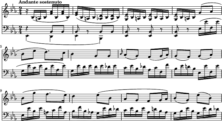 
\version "2.18.2"
<<
 \new Staff \relative c' {
         \clef "treble" 
         \tempo "Andante sostenuto"
         \key ees \major
         \time 2/4
         r16 bes (a bes <f' aes> bes, <f' aes> bes,)
         <ees g> (bes a bes <aes! d> bes <aes d> bes)
         <g ees'> bes a bes <g ees'> bes a bes
         <g ees'> bes a bes g'8 (aes bes ees d8.) c16
         bes4 g8 g
         \grace bes16 aes8 (g) f (g16 aes)
         g8 (f) g (aes)
         bes (g' f8. ees16)  
         d4 ees8 (bes aes g f g16 aes)
         bes8 (g) ees' (bes)
}
\new Staff  \relative c {      
         \clef "bass" 
         \key ees \major
         \time 2/4 
         \tempo 4 = 60
         <<{\stemDown ees,4 _ (d ees bes)} \\ { e'4 \rest   \stemUp   bes8 bes bes bes\rest bes bes}>>
         <ees, bes'>8 r <ees bes'> r
         <ees bes'> r ees'16 (ees' f, ees' g, ees'  c ees bes ees aes, ees')
         g, ees' d ees d ees des ees
         c ees bes des aes c f, f'
         bes, ees d! bes ees, ees' f, ees'
         ees, ees' bes ees a, c f a,
         bes f' bes, aes! g ees' d des
         c ees bes ees aes, d! bes aes
         g bes ees bes g ees' d des
}
>>
