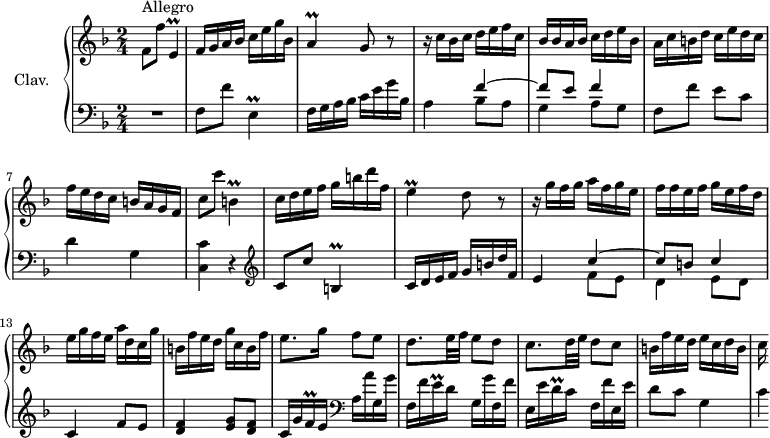 
\version "2.18.2"
\header {
  tagline = ##f
  % composer = "Domenico Scarlatti"
  % opus = "K. 257"
  % meter = "Allegro"
}
%% les petites notes
trillEDown     = { \tag #'print { e,4\prall } \tag #'midi { f32 e f e~ e8 } }
trillE         = { \tag #'print { e4\prall } \tag #'midi { f32 e f e~ e8 } }
trillA         = { \tag #'print { a4\prall } \tag #'midi { bes32 a bes a~ a8 } }
trillBDown     = { \tag #'print { b,4\prall } \tag #'midi { c32 b c b~ b8 } }
trillFqq       = { \tag #'print { f16\prall } \tag #'midi { \times 2/3 { f32 e f } } }
trillEqq       = { \tag #'print { e16\prall } \tag #'midi { \times 2/3 { e32 d e } } }
trillDqq       = { \tag #'print { d16\prall } \tag #'midi { \times 2/3 { d32 c d } } }
upper = \relative c'' {
  \clef treble 
  \key f \major
  \time 2/4
  \tempo 4 = 92
  \set Staff.midiInstrument = #"harpsichord"
  \override TupletBracket.bracket-visibility = ##f
      s8*0^\markup{Allegro}
      f,8 f' \trillEDown | f16 g a bes c e g bes, | \trillA g8 r8 | r16 c bes c d e f c |
      % ms. 5
      bes16 bes a bes c d e bes | a c b! d c e d c  | f e d c b a g f | c'8 c' \trillBDown |
      % ms. 9
      c16 d e f g b d f, | \trillE d8 r8 | r16 g16 f g a f g e | f f e f g e f d |
      % ms. 13
      e16 g f e a d, c g' | b, f' e d g c, b f' | e8. g16 f8 e | d8. e32 f e8 d |
      % ms. 17
      c8. d32 e d8 c | b16 f' e d e c d b | c
}
lower = \relative c' {
  \clef bass
  \key f \major
  \time 2/4
  \set Staff.midiInstrument = #"harpsichord"
  \override TupletBracket.bracket-visibility = ##f
    % ************************************** \appoggiatura a8  \repeat unfold 2 {  } \times 2/3 { }   \omit TupletNumber 
      R2 | f,8 f' \trillEDown | f16 g a bes c e g bes, | a4 << { f'4~ | f8 e f4 } \\ { bes,8 a | g4 a8 g } >>
      % ms. 6
      f8 f' e c | d4 g, | < c, c' >4 r4   \clef treble  |
      % ms. 9
      c'8 c' \trillBDown |c16 d e f g b d f, | e4 << { c'4~ c8 b c4 } \\ { f,8 e | d4 e8 d } >>
      % ms. 13
      c4 f8 e | < d f >4 < e g >8 < d f > | c16 g' \trillFqq e16   \clef bass  a, a' g, g' | f, f' \trillEqq d16 g, g' f, f' |
      % ms. 17
      e,16 e' \trillDqq c16 f, f' e, e' | d8 c g4 | c4*1/4
}
thePianoStaff = \new PianoStaff <<
    \set PianoStaff.instrumentName = #"Clav."
    \new Staff = "upper" \upper
    \new Staff = "lower" \lower
  >>
\score {
  \keepWithTag #'print \thePianoStaff
  \layout {
      #(layout-set-staff-size 17)
    \context {
      \Score
     \override SpacingSpanner.common-shortest-duration = #(ly:make-moment 1/2)
      \remove "Metronome_mark_engraver"
    }
  }
}
\score {
  \keepWithTag #'midi \thePianoStaff
  \midi { }
}
