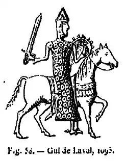 Sceau de gui de laval en 1095. Il porte un "haubert" de broigne "demie clour" avec camail intégré