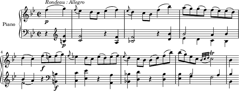 
\version "2.18.2"
\header {
  tagline = ##f
}
upper = \relative c' {
  \clef treble 
  \key bes \major
  \time 2/2
  \tempo "Allegro" 4 = 140
   \partial 2 f'4 \p ^\markup{ \italic {Rondeau : Allegro} } (g)
   \grace f8 (ees4) d8 c ees4 (f)
   \grace ees8 (d4) c8 bes f'4 (bes)
   a8 (g) g (f) f (ees) ees (d)
   d4 (c) f8\f (e) f (g)
   \grace f8 (ees!4) d8 c ees (d) ees (f)
   \grace ees8 (d4) c8 bes bes (d) f (bes)
   bes (g) ees c)  \grace {bes32 (c d} c2)  \trill
   bes4
}
lower = \relative c {
  \clef bass
  \key bes \major
  \time 2/2
    \partial 2  r4  \clef treble <b' g'>4 \p
    <c g'>2 r4 <a f'>4
    <bes! f'>2 r4 <d bes'>4
    <<{\stemDown ees4 d c bes f'2 } \\ {  \stemUp bes2 a4 bes bes (a))}>> r4  \clef bass
    <b,, b'>4  \f <c c'> <ees ees'>  r <a, a'>
    <bes! bes'!> <d d'> r <d bes'>
    <ees bes'> <<{\stemDown g4 f2 bes,4 } \\ {  \stemUp bes'2 a4 bes}>>
} 
\score {
  \new PianoStaff <<
    \set PianoStaff.instrumentName = #"Piano"
    \new Staff = "upper" \upper
    \new Staff = "lower" \lower
  >>
  \layout {
    \context {
      \Score
      \remove "Metronome_mark_engraver"
    }
  }
  \midi { }
}
