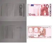 Vue, en infrarouges et en visible, des deux faces d'un billet de dix euros.