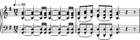 
\version "2.18.2"
\header {
  tagline = ##f
}
upper = \relative c'' {
  \clef treble 
  \key g \major
  \time 12/8
  \tempo 4. = 69
  %\override TupletBracket.bracket-visibility = ##f
   %%Schubert — Fantaisie D.894
   \repeat unfold 2 { < b g b, >4.~ < b g b, >4~ < b g b, >16 < a fis c > }
   < b g b, >8-.( < c a c, >-. < d b d, >-.) < d fis, d >-.( < c fis, c >-. q) < b g b, >4. r4 r8
}
lower = \relative c {
  \clef bass
  \key g \major
  \time 12/8
   \repeat unfold 2 { < d g, >4.~ < d g, >4~ < d g, >16 < d g, > }
   < d g, >8-.( q-. q-.) < d d, >-.( q-. q-.) < d g, >4. r4 r8
}
  \header {
    piece = ""
  }
\score {
  \new PianoStaff <<
    \new Staff = "upper" \upper
    \new Staff = "lower" \lower
  >>
  \layout {
    \context {
      \Score
    }
  }
  \midi { }
}
