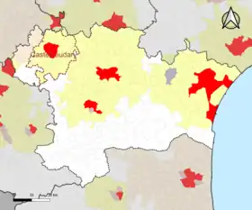 Localisation de l'aire d'attraction de Castelnaudary dans le département de l'Aude.