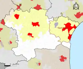 Localisation de l'aire d'attraction de Narbonne dans le département de l'Aude.