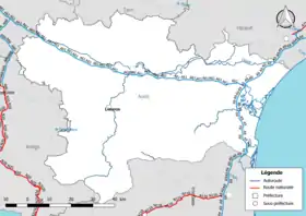 Carte du réseau routier national (autoroutes et routes nationales) dans le département de l'Aude