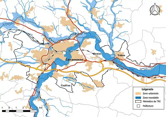 Carte du TRI de Carcassonne, avec représentation des principales infrastructures.