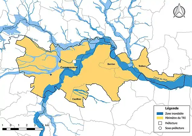 Carte du TRI de Carcassonne (4 communes : Berriac, Carcassonne, Cazilhac et Trèbes).