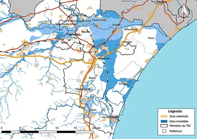 Carte du TRI de Narbonne, avec représentation des principales infrastructures.