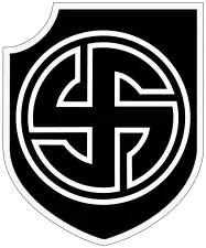 Emblème de la division SS « Nordland », division composée de Scandinaves dont des Danois ; cette croix gammée incurvée est aussi appelée « croix solaire (en) brisée ».