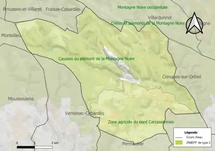 Carte des ZNIEFF de type 2 sur la commune.