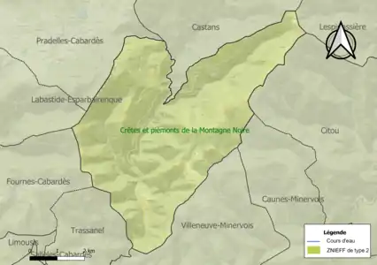 Carte de la ZNIEFF de type 2 sur la commune.