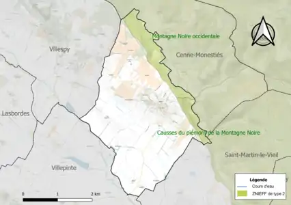 Carte des ZNIEFF de type 2 sur la commune.