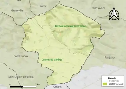 Carte des ZNIEFF de type 2 sur la commune.