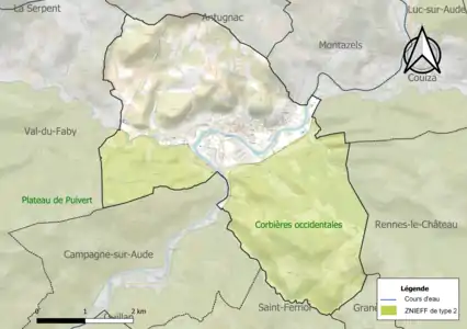 Carte des ZNIEFF de type 2 sur la commune.