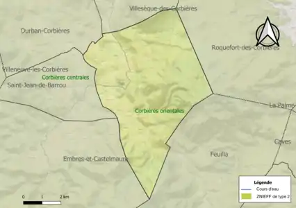 Carte des ZNIEFF de type 2 sur la commune.