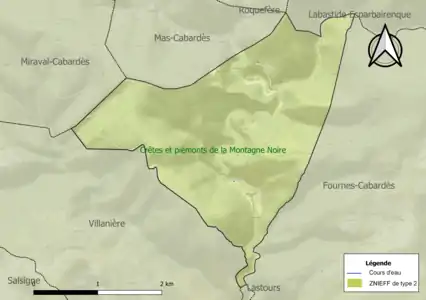 Carte de la ZNIEFF de type 2 sur la commune.