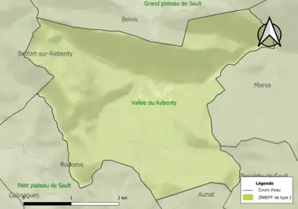 Carte de la ZNIEFF de type 2 sur la commune.