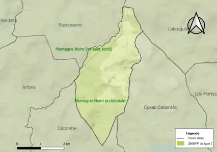 Carte des ZNIEFF de type 2 sur la commune.