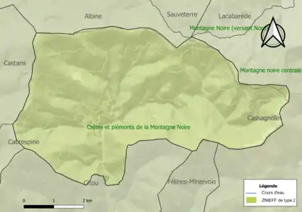 Carte des ZNIEFF de type 2 sur la commune.