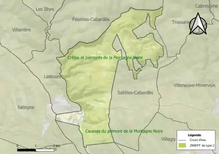 Carte des ZNIEFF de type 2 sur la commune.