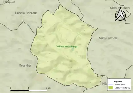 Carte de la ZNIEFF de type 2 sur la commune.