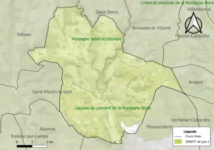 Carte des ZNIEFF de type 2 sur la commune.