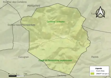 Carte des ZNIEFF de type 2 sur la commune.