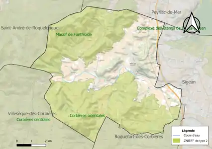 Carte des ZNIEFF de type 2 sur la commune.