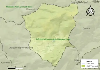 Carte des ZNIEFF de type 2 sur la commune.