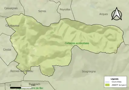 Carte de la ZNIEFF de type 2 sur la commune.